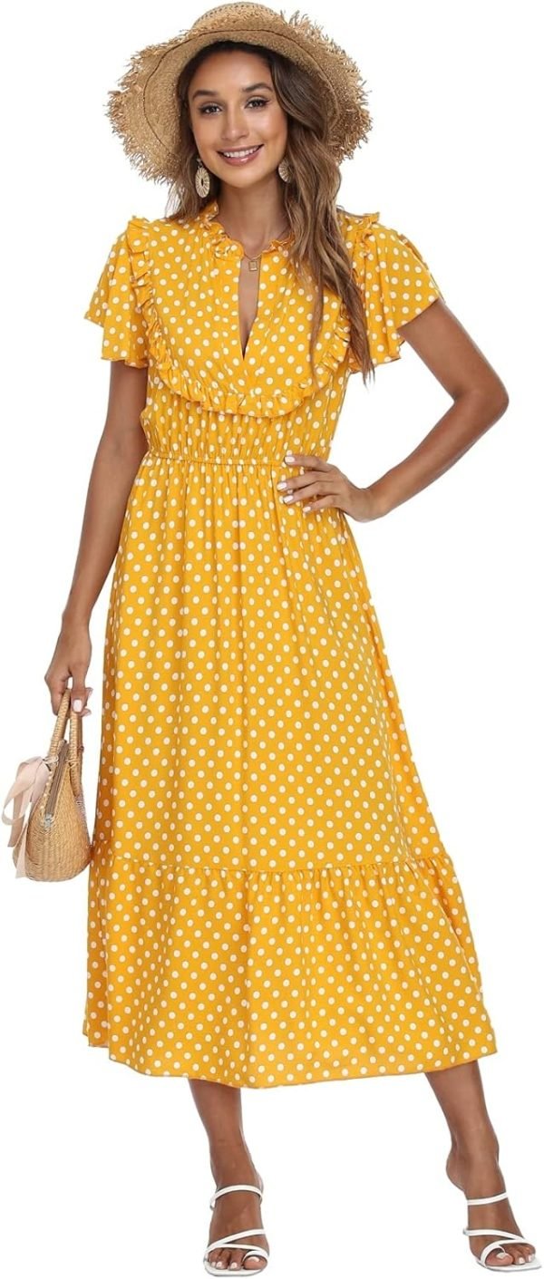 Women's Polka Dots Short Sleeve V Neck Dresses Vintage Boho Maxi Summer Dress with Stretchy Waist