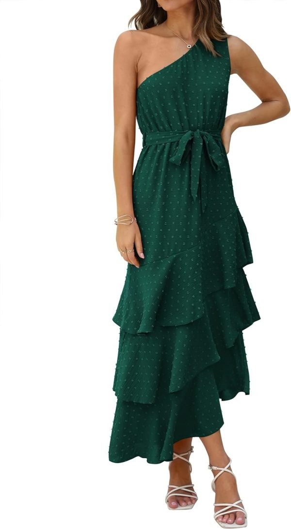 Saonta Womens Summer Floral One Shoulder Tiered Ruffle Flowy Midi Beach Boho Dress