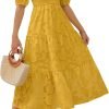 Saonta Women's 2024 Summer Short Puff Sleeve Crewneck Smocked Floral Lace Flowy A Line Tiered Maxi Dresses