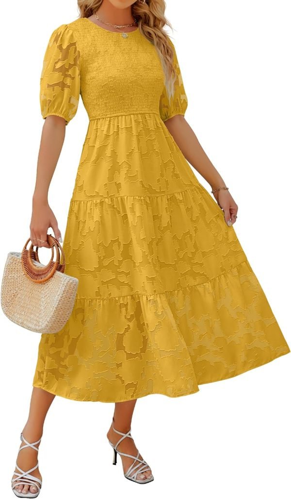 Saonta Women's 2024 Summer Short Puff Sleeve Crewneck Smocked Floral Lace Flowy A Line Tiered Maxi Dresses