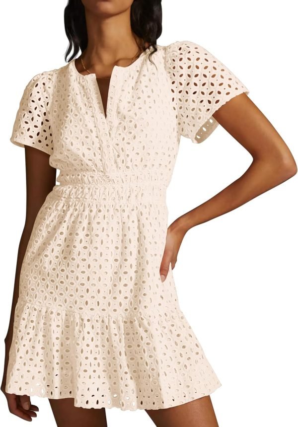 Saonta  Womens 2024 Summer Short Dress V Neck Short Sleeve A Line Hollow Out Lace Ruffle Cute Casual Beach Party Dresses