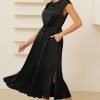 Saonta  KARIN Women's 2024 Satin Midi Dress Summer Cap Sleeve Cowl Neck Belted Slit Elegant A-Line Flowy Dress with Pockets