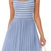 Saonta Women's Summer Sleeveless Mini Dress 2024 Square Neck Striped Knit A Line Pleated Tank Dresses