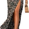 Saonta  Women's Sexy Boho Floral Split Thigh High Waist Swing Midi Skirt