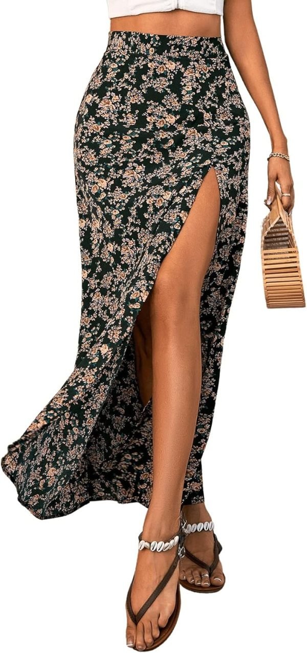 Saonta  Women's Sexy Boho Floral Split Thigh High Waist Swing Midi Skirt