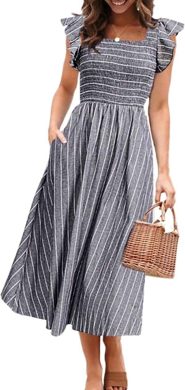 Saonta  Women's Striped Linen Midi Dress Elegant Square Neck Ruffle Cap Sleeves Maternity Dress 2024 Summer Beach Dress