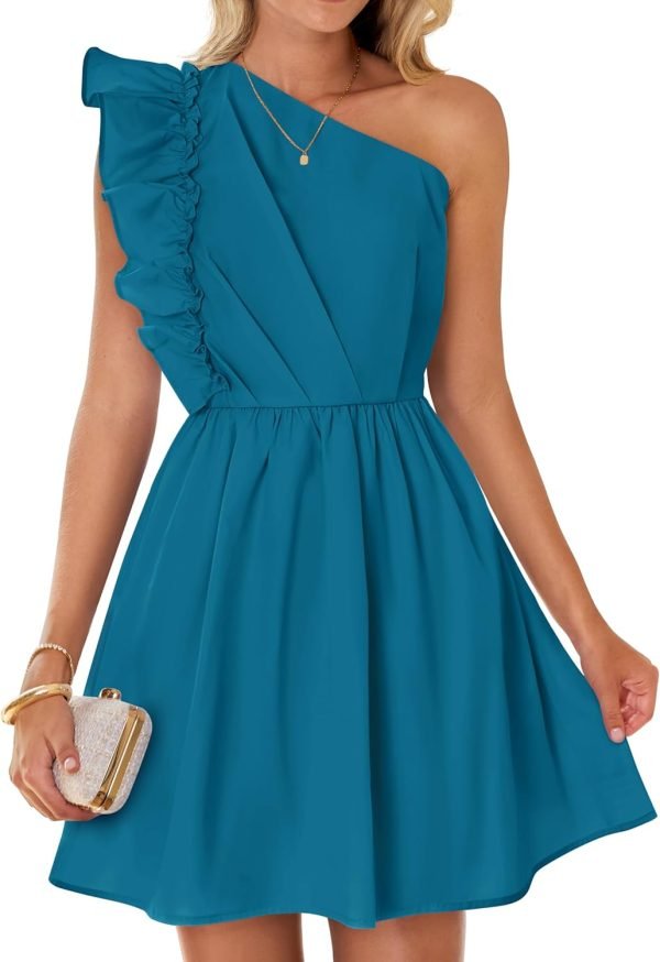 Saonta Women's Summer One Shoulder Ruffle Dress 2024 Boho Sleeveless Elastic High Waist Swing Mini Dresses