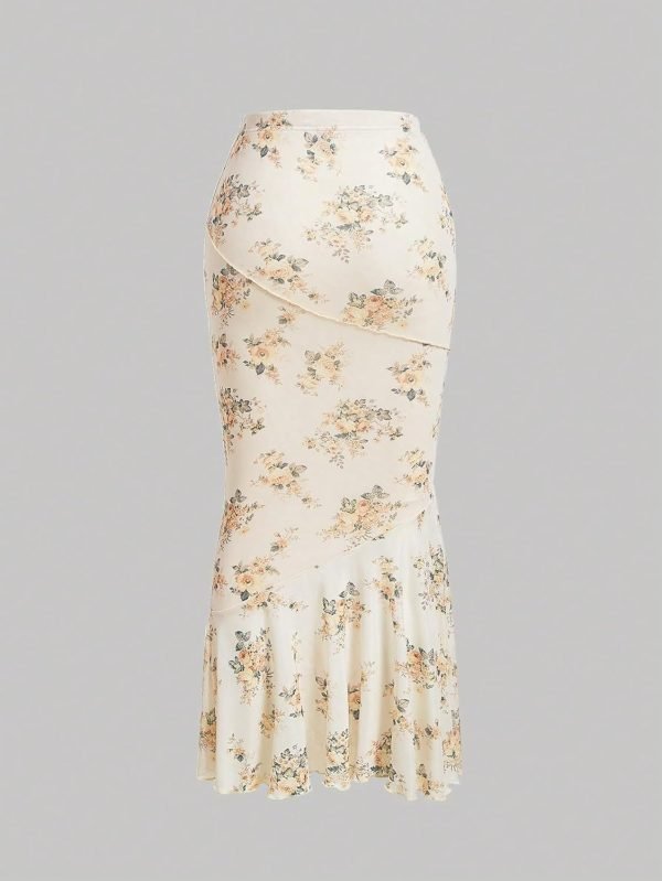 Saonta  Women's Floral Print High Waist Bodycon Ruffle Hem Fishtail Long Skirt