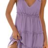Saonta Womens Summer Casual V Neck Sleeveless Mini Dress 2024 Tie Shoulder Tiered Ruffle Swing A Line Short Sundresses