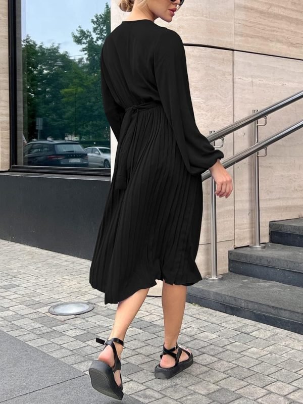 Saonta  Womens V Neck Flowy Ruffle Pleated Casual Fall Dress