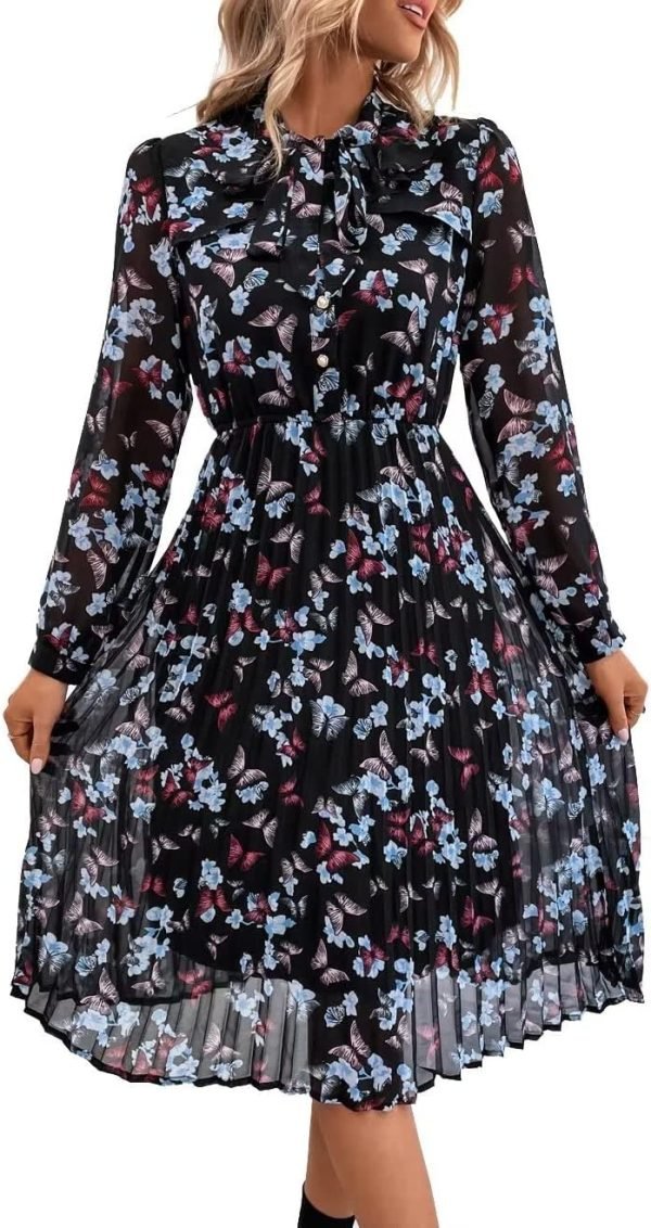 Saonta  Work Dresses for Women 2023 Long Sleeves Chiffon Black Dress Retro Pleated Buttons Down Bow Tie Loose Causal Dresses