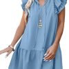 Saonta  Womens Summer V-Neck Drawstring Ruffle Cap Short Sleeve Casual Shift Mini Dress with Pockets