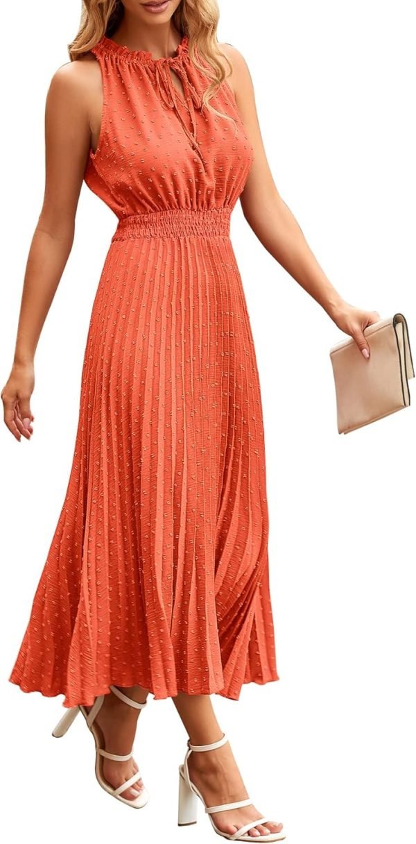 Saonta Womens Midi Summer V Neck Swiss Dot Ruffle Sleeveless A Line Beach Sun Dress