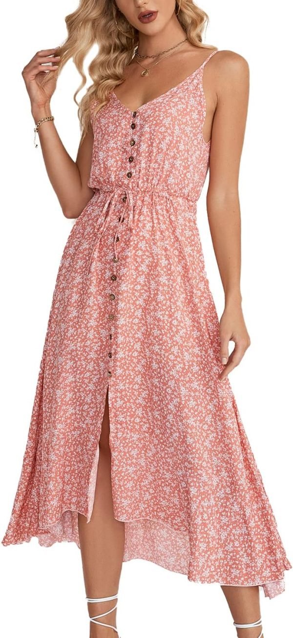 Saonta  Women's 2024 Summer Casual Boho Sundress Polka Dot Spaghetti Strap V Neck Flowy Midi Dresses