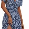 Saonta  Womens Sundress Summer Floral Short Sleeve Wrap V Neck A-Line Midi Dress