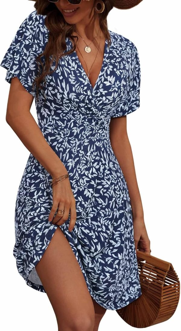 Saonta  Womens Sundress Summer Floral Short Sleeve Wrap V Neck A-Line Midi Dress