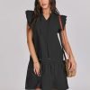 Saonta  Womens Summer V-Neck Drawstring Ruffle Cap Short Sleeve Casual Shift Mini Dress with Pockets