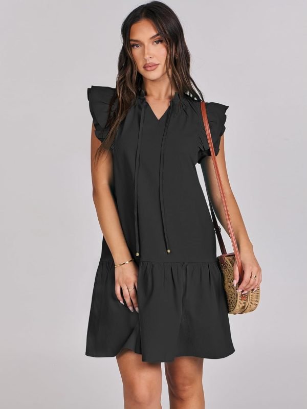 Saonta  Womens Summer V-Neck Drawstring Ruffle Cap Short Sleeve Casual Shift Mini Dress with Pockets