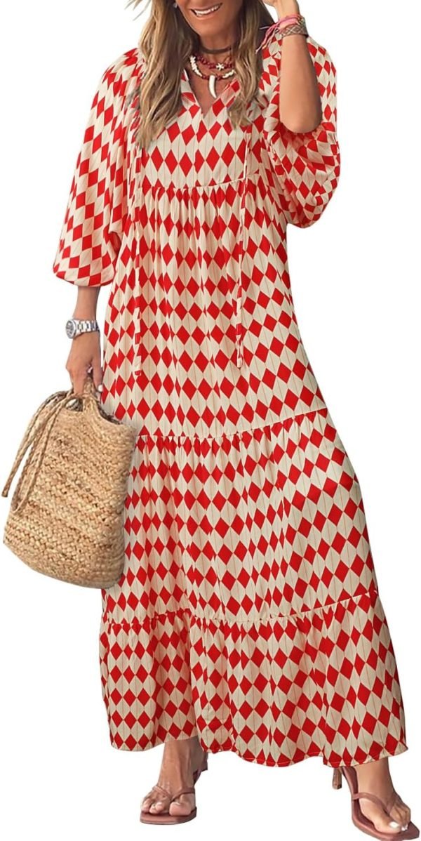 Saonta  Womens Loose Fit Casual Summer V Neck Half Sleeve Bohemian Geometric Pattern Maxi Long Dresses