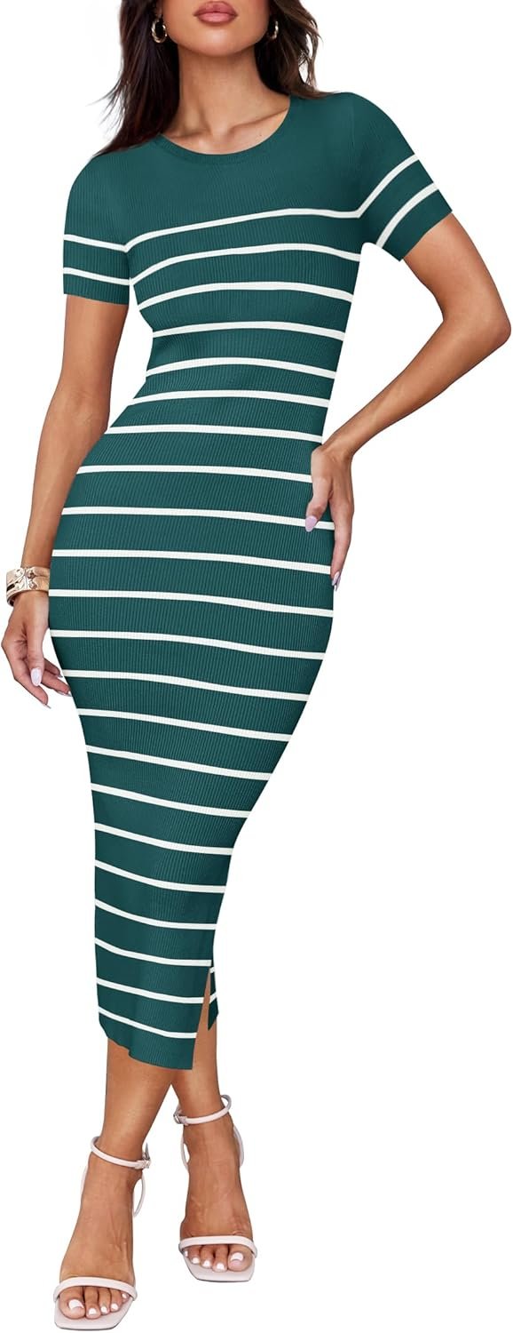 Saonta Women's Summer Bodycon Midi Dress 2024 Striped Short Sleeve Ribbed Knit Slim Fit Side Slit T Shirt Dresses