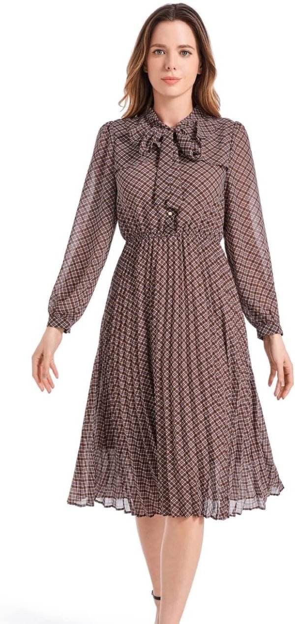 Saonta  Work Dresses for Women 2023 Long Sleeves Chiffon Black Dress Retro Pleated Buttons Down Bow Tie Loose Causal Dresses