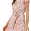 Saonta  K Women's Floral Chiffon Flutter Sleeve Belted Square Neck Ruffled Hem Dress