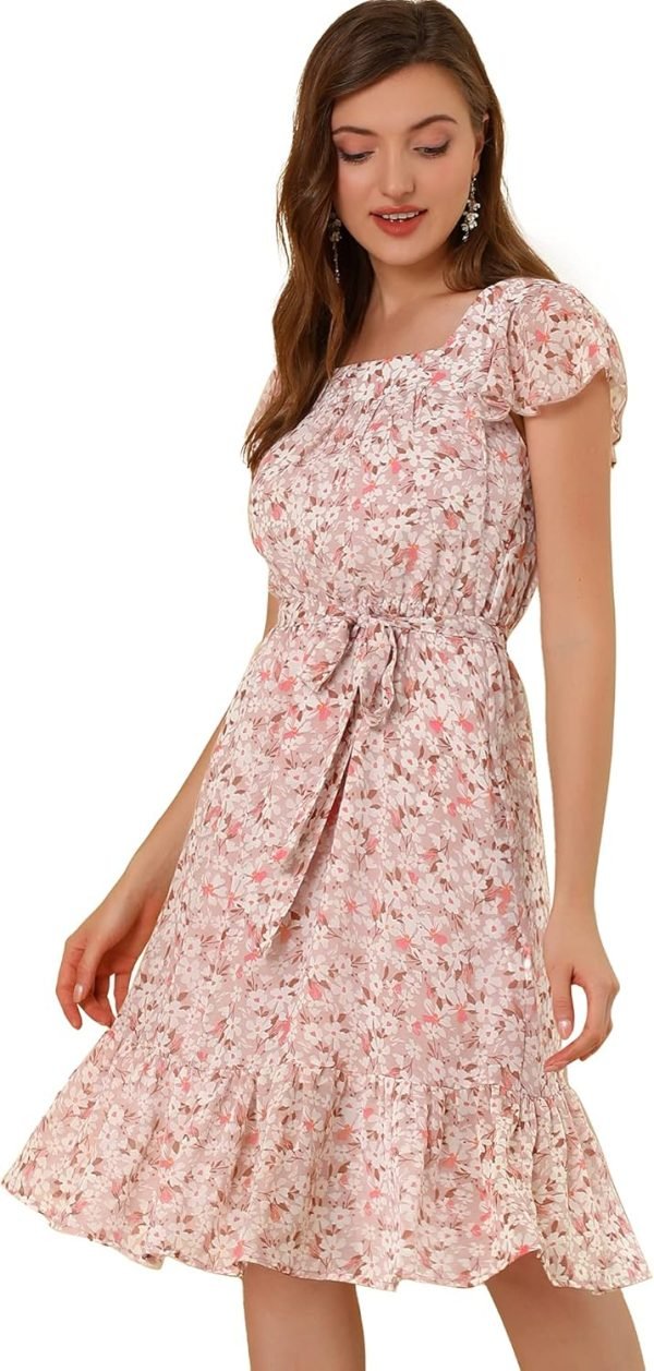 Saonta  K Women's Floral Chiffon Flutter Sleeve Belted Square Neck Ruffled Hem Dress