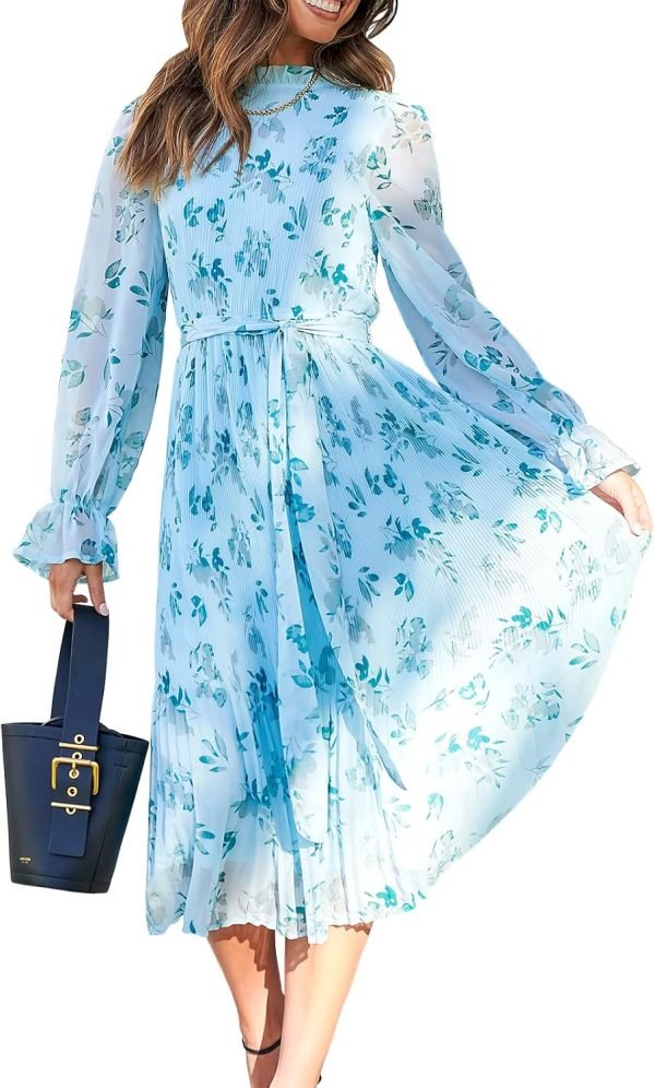 Saonta  Women's Floral Midi Dress Puff Long Sleeve Casual Ruffle Chiffon A-Line Swing Pleated Belted Tea Party Dresses