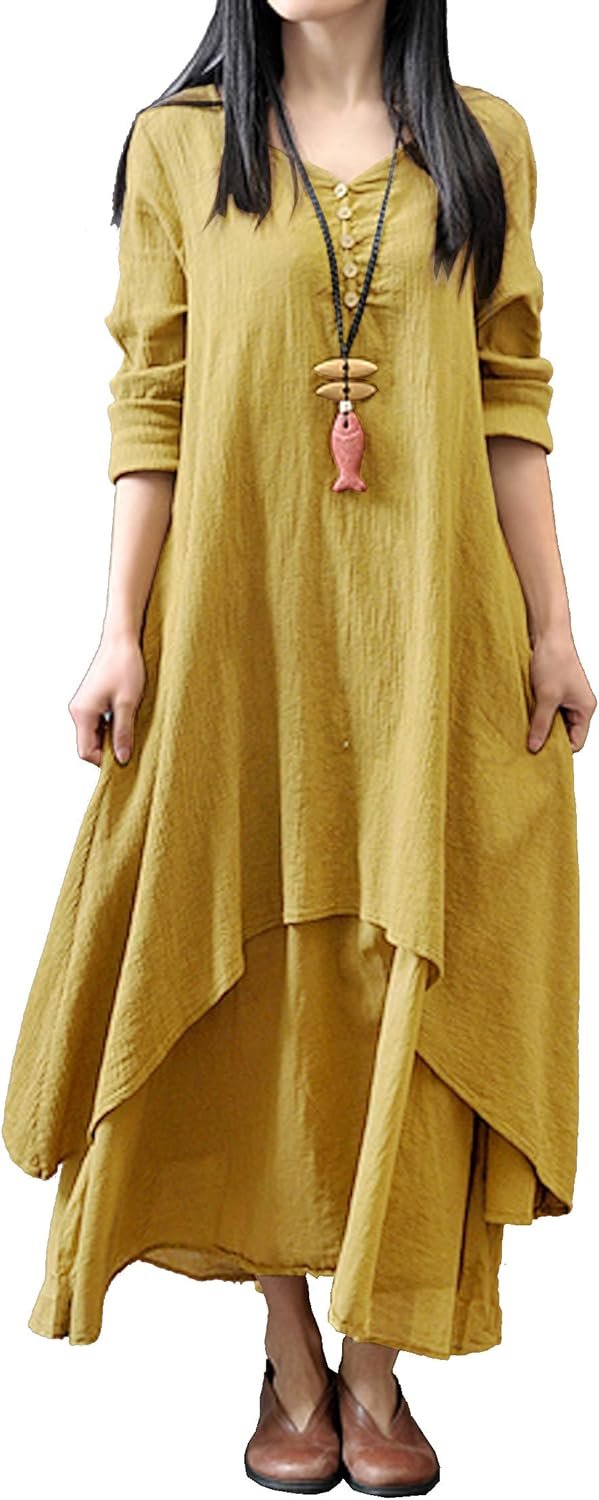 Saonta  Women Long Sleeve Cotton Casual Loose Plus Size Irregular Long Dresses