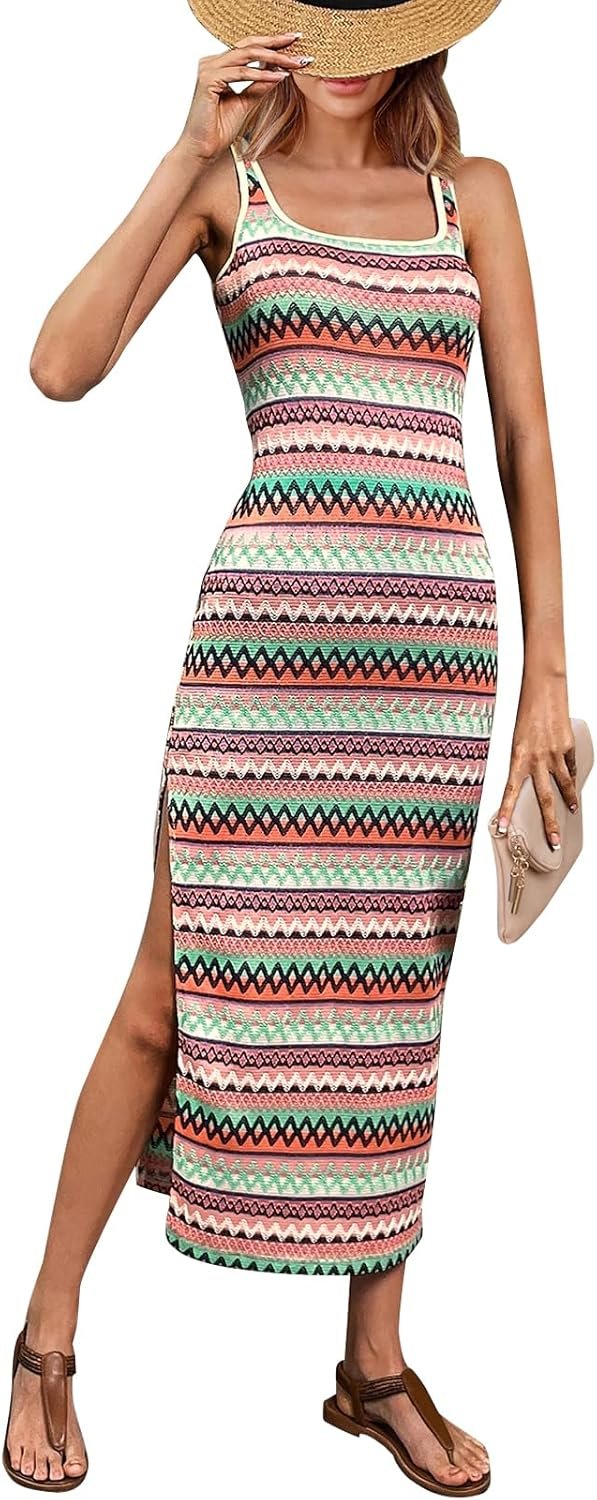 Saonta  Womens 2024 Summer Fitted Tight Square Neck Beach Sundress