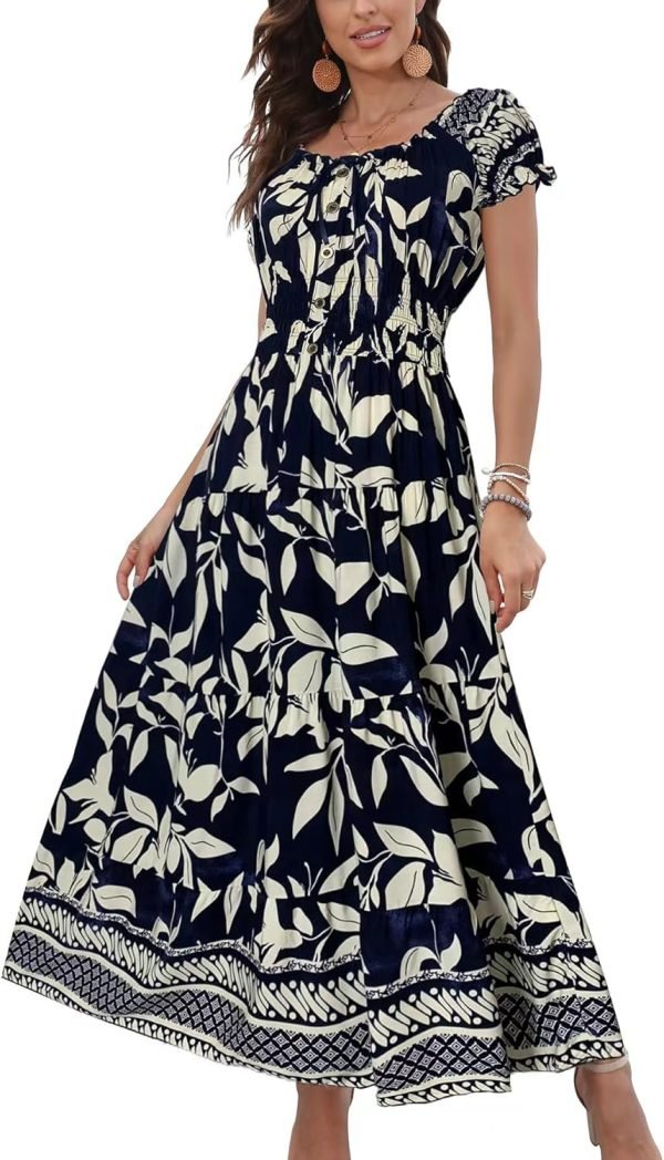 Saonta  Women's 2024 Summer Short Sleeves Boho Floral Print Tiered Casual Flowy Long Maxi Dress