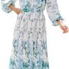 Saonta  Women's Floral Midi Dress Puff Long Sleeve Casual Ruffle Chiffon A-Line Swing Pleated Belted Tea Party Dresses