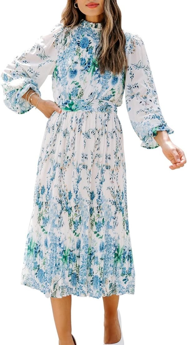 Saonta  Women's Floral Midi Dress Puff Long Sleeve Casual Ruffle Chiffon A-Line Swing Pleated Belted Tea Party Dresses