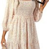 Saonta  Womens Summer Dresses 2024 Boho Floral Square Neck Smocked 3/4 Sleeve Casual A-Line Swing Mini Babydoll Dress
