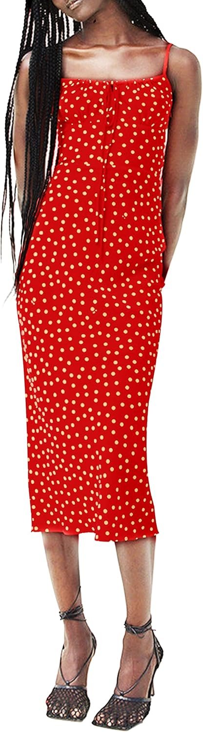 Saonta  Women's Floral Dress Low-Cut Square Neck Spaghetti Strap Tie Bodycorn Dresses