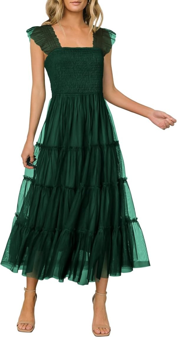 Saonta Womens 2024 Summer Casual Sleeveless Smocked Ruffle Tulle Flowy Beach Sundress