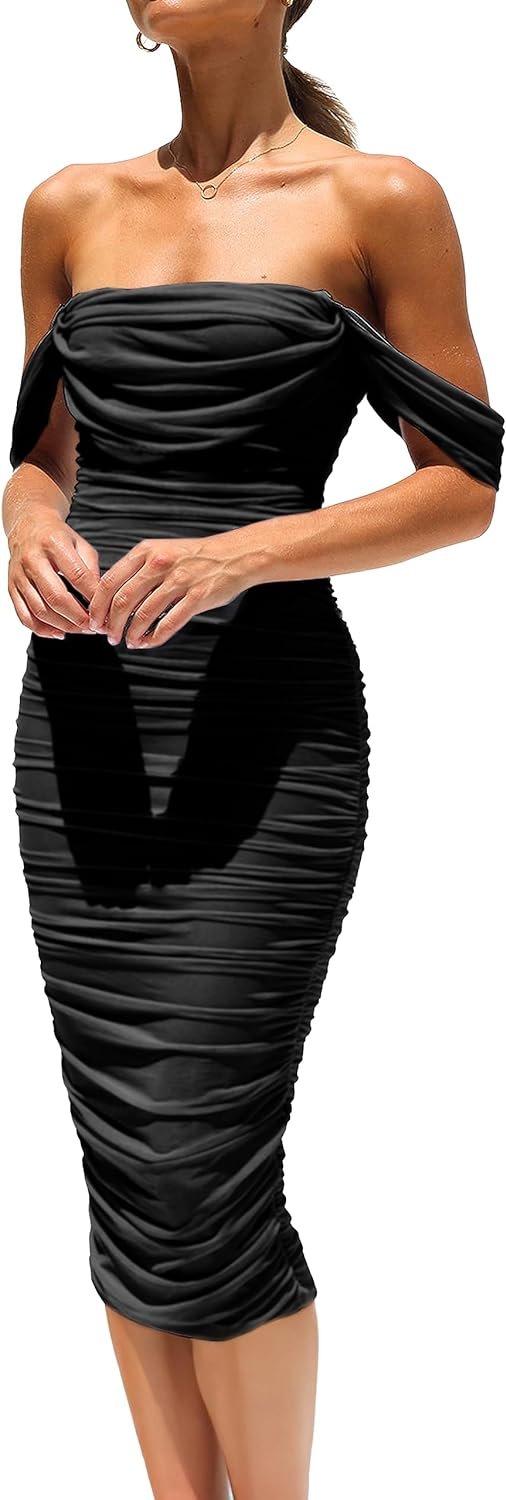 Saonta Womens Summer Off The Shoulder Ruched Bodycon Dresses Sleeveless Fitted Party Club Midi