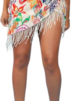 71f5YPT_IDL._AC_SL1500 Saonta Women's Floral Tie Side Wrap Tassel Mini Skirt Cover Up Beach Skirt