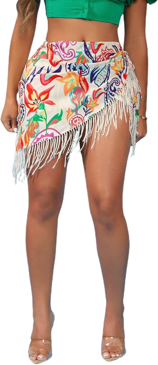 Saonta  Women's Floral Tie Side Wrap Tassel Mini Skirt Cover Up Beach Skirt