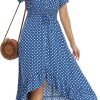 Women's Polka Dots Short Sleeve V Neck Dresses Vintage Boho Maxi Summer Dress with Stretchy Waist