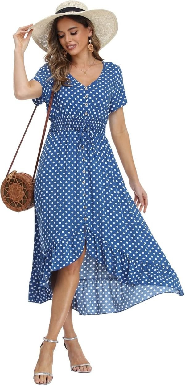 Women's Polka Dots Short Sleeve V Neck Dresses Vintage Boho Maxi Summer Dress with Stretchy Waist