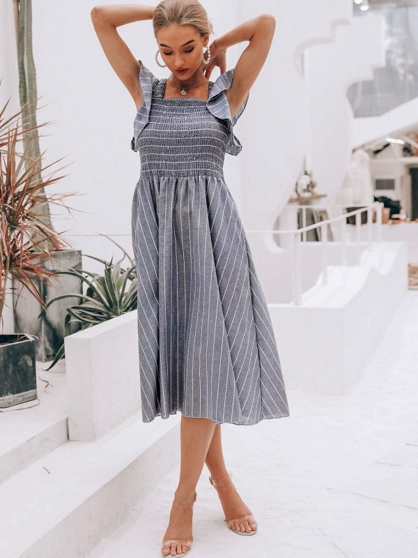 Saonta  Women's Striped Linen Midi Dress Elegant Square Neck Ruffle Cap Sleeves Maternity Dress 2024 Summer Beach Dress