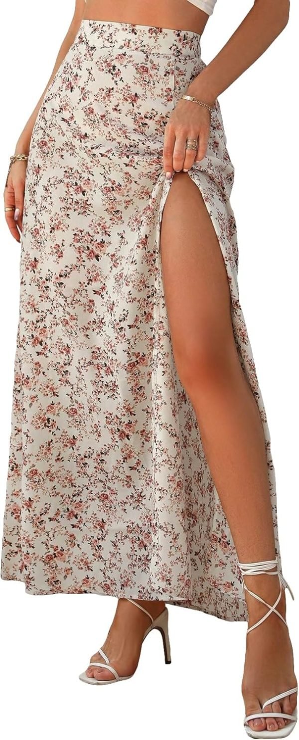 Saonta  Women's Sexy Boho Floral Split Thigh High Waist Swing Midi Skirt