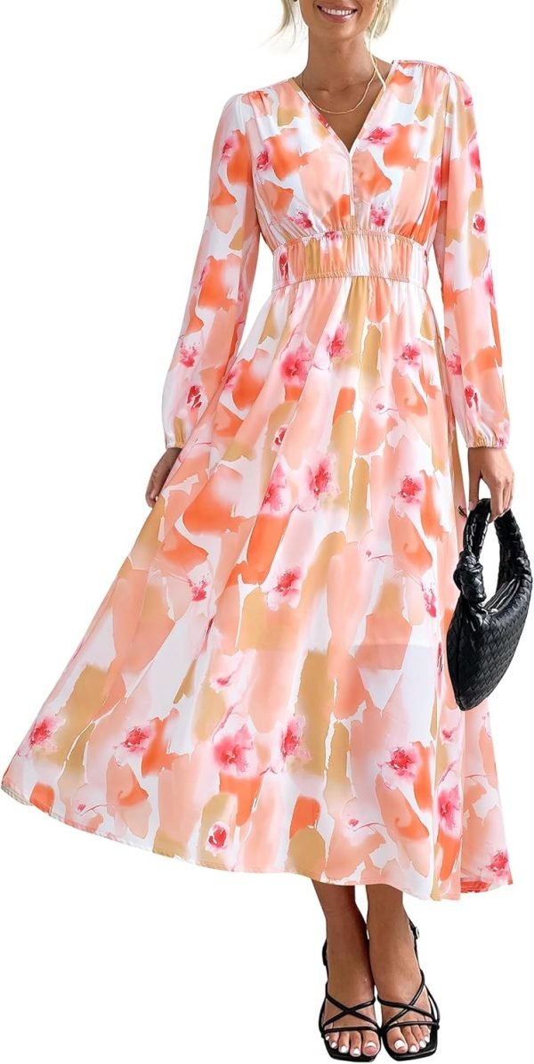 Saonta  Women's 2024 Fall Boho Maxi Dress Casual Long Sleeve V Neck Printed Beach Long Flowy Dresses