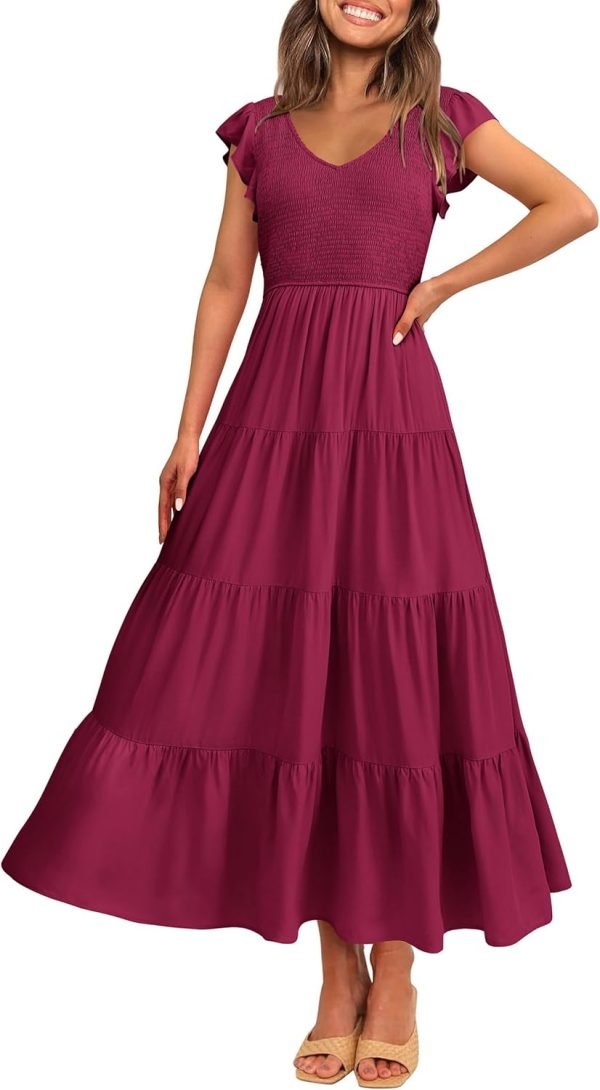 Saonta  Womens Cap Sleeve V Neck Smocked Beach Sundress