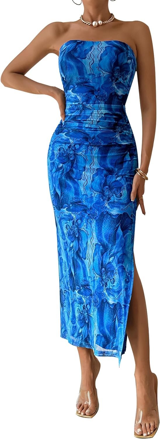 Saonta  Women's Summer Maxi Bodycon Dresses Strapless Tube Top Printed Long Party Club Slit Dress