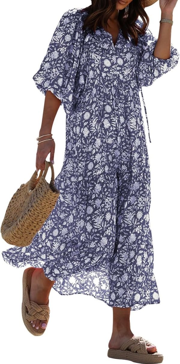 Saonta  Womens Loose Fit Casual Summer V Neck Half Sleeve Bohemian Geometric Pattern Maxi Long Dresses