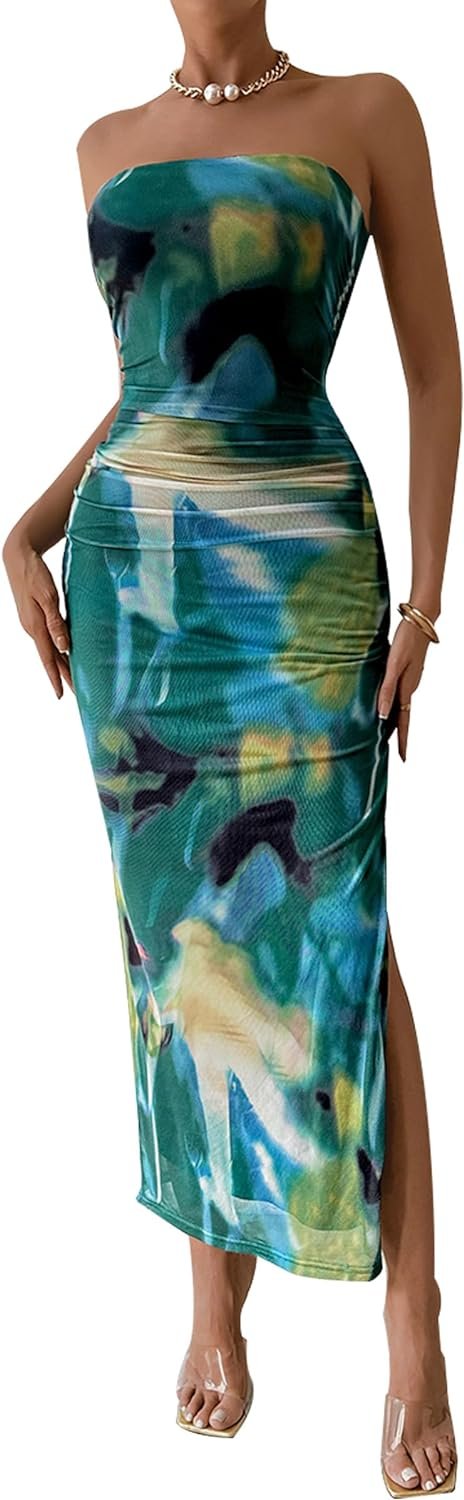 Saonta  Women's Summer Maxi Bodycon Dresses Strapless Tube Top Printed Long Party Club Slit Dress