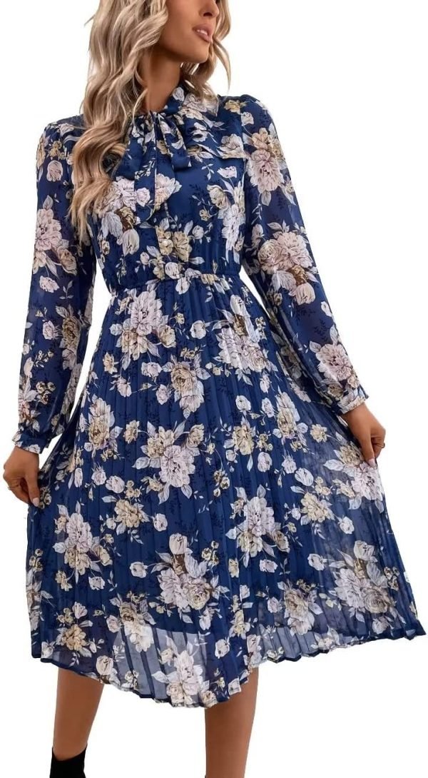 Saonta  Work Dresses for Women 2023 Long Sleeves Chiffon Black Dress Retro Pleated Buttons Down Bow Tie Loose Causal Dresses