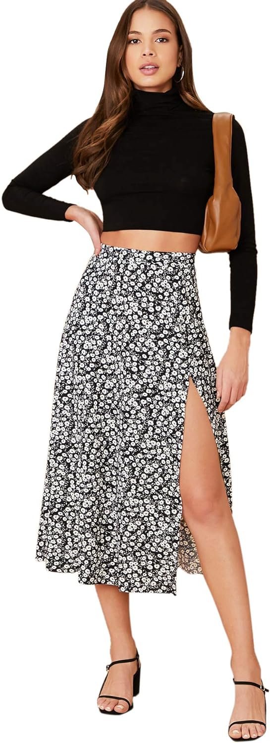 Saonta  Women's Sexy Boho Floral Split Thigh High Waist Swing Midi Skirt